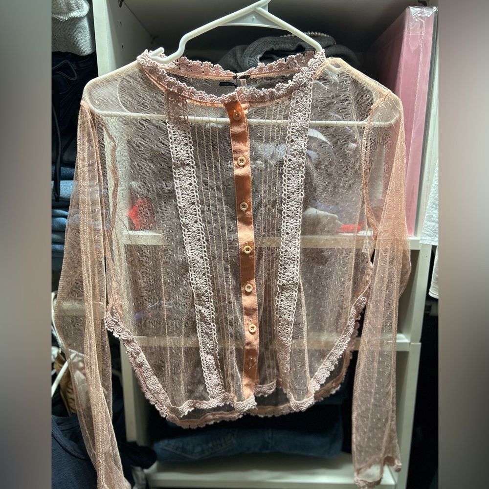 Sheer Lace Button-Up Blouse